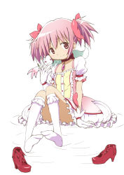 Rule 34 | 10s, 1girl, bubble skirt, feet, full body, highres, kaname madoka, kinfuji, kneehighs, kyubey, magical girl, mahou shoujo madoka magica, mahou shoujo madoka magica (anime), official style, pink eyes, pink hair, shoes, unworn shoes, short hair, sitting, skirt, socks, solo, twintails, white background, white socks