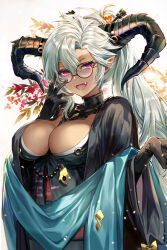 Rule 34 | 1girl, :d, adjusting eyewear, black-framed eyewear, black gloves, black horns, black kimono, breasts, bun-o, cleavage, curled horns, dark-skinned female, dark skin, draph, fangs, fediel (granblue fantasy), fediel (soul soother&#039;s finery) (granblue fantasy), glasses, gloves, granblue fantasy, grey hair, hair between eyes, hair ornament, hair stick, highres, horns, japanese clothes, kimono, large breasts, long hair, looking at viewer, messy hair, official alternate costume, open mouth, pointy ears, ponytail, purple eyes, round eyewear, smile, solo, upper body, very long hair