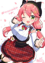 1girl, ahoge, alternate costume, animal hat, black legwear, buttons, detached sleeves, green eyes, hat, highres, hololive, looking at viewer, official alternate costume, one eye closed, open mouth, petals, pink hair, sakura miko, skirt, solo, thighhighs, virtual youtuber, yuncha