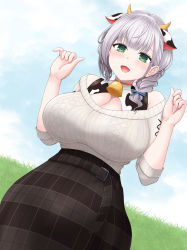 Rule 34 | 1girl, absurdres, animal ears, bare shoulders, bell, blue sky, blush, braid, breasts, cleavage, cloud, cloudy sky, cow ears, cow horns, grass, green eyes, hands up, highres, hololive, horns, huge breasts, kuro hopper, looking at viewer, neck bell, official alternate costume, open mouth, plaid, plaid skirt, shirogane noel, shirogane noel (casual), side braid, side ponytail, silver hair, skirt, sky, smile, solo, virtual youtuber