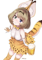 Rule 34 | 10s, 1girl, alcohol, alternate costume, animal ears, artist name, bare shoulders, beer mug, blue eyes, blush, bow, bowtie, brown hair, cat ears, cat tail, commentary request, cosplay, cup, elbow gloves, from above, gloves, green eyes, heterochromia, idolmaster, idolmaster cinderella girls, kemono friends, looking at viewer, looking up, meto31, mole, mole under eye, mug, serval (kemono friends), serval (kemono friends) (cosplay), serval print, serval tail, shirt, short hair, signature, skirt, sleeveless, smile, solo, tail, takagaki kaede