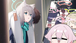 Rule 34 | 1boy, 5girls, animal ear fluff, animal ears, aqua eyes, ayane (blue archive), black hair, blue archive, blue jacket, blue scarf, braid, brown hair, cat ears, chibi, collared shirt, confused, extra ears, glasses, grey hair, hair between eyes, halo, hoshino (blue archive), jacket, junu (jwoo5627), long sleeves, medium hair, multiple girls, nonomi (blue archive), parted lips, pink hair, pleated skirt, problem solver sensei (blue archive), scared, scarf, school uniform, sensei (blue archive), serika (blue archive), shiroko (blue archive), shirt, skirt, striped clothes, striped scarf, upper body, wavy mouth, white jacket, white shirt, wolf ears