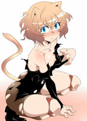 Rule 34 | 1boy, animal ears, animal hands, ass, bare shoulders, bike shorts, blonde hair, blue eyes, blush, boots, cat ears, cat tail, curly hair, doll joints, frown, highres, hunter x hunter, joints, kneeling, nefelpitou, nipples, orochi itto, shoes, shorts, simple background, socks, tail, torn clothes, trap, white background, yellow eyes