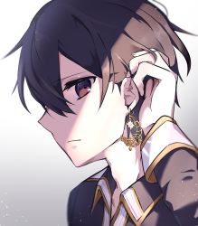 Rule 34 | 1boy, adjusting hair, bad id, bad pixiv id, black eyes, black hair, black shirt, collared shirt, commentary request, crescent, crescent earrings, earrings, gradient background, grey background, hair between eyes, highres, jewelry, kirito, long sleeves, male focus, ruriiro blue, shirt, solo, sword art online