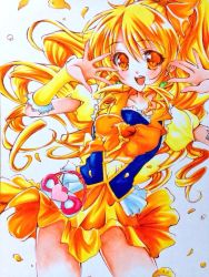 Rule 34 | 10s, 1girl, bad id, bad pixiv id, blonde hair, blush, brooch, cure honey, earrings, hair ornament, happinesscharge precure!, haruhiko pearl, heart, heart brooch, jewelry, long hair, magical girl, oomori yuuko, open mouth, ponytail, precure, puffy short sleeves, puffy sleeves, short sleeves, skirt, smile, solo, traditional media, wrist cuffs, yellow eyes