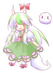 Rule 34 | 1girl, :d, bad id, bad pixiv id, blush, chibi, deformed, green hair, horn ornament, horn ribbon, horns, kamishirasawa keine, kedama (touhou), long hair, multicolored hair, open mouth, ribbon, simple background, smile, solo, tail, tilde (ice cube), touhou, two-tone hair, very long hair, white background, white hair, | |