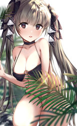 Rule 34 | 1girl, absurdres, artist name, azur lane, bare shoulders, between legs, bikini, blurry, blurry background, blurry foreground, blush, breasts, brown eyes, brown hair, cleavage, cowboy shot, formidable (azur lane), hair ribbon, halterneck, halterneck, hand between legs, highres, large breasts, long hair, looking at viewer, navel, o-ring, o-ring top, palm leaf, parted lips, ribbon, solo, swimsuit, thighs, twintails, two-tone ribbon, very long hair, yolandabaka