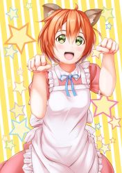 Rule 34 | 1girl, animal ears, apron, aqua ribbon, artist name, artist request, back bow, bow, breasts, cat ears, claw pose, collared dress, dress, female focus, green eyes, hair between eyes, highres, hoshizora rin, looking at viewer, love live!, love live! school idol project, miniskirt, orange hair, parted lips, paw pose, pink dress, pink skirt, plaid, plaid dress, plaid skirt, pleated, pleated dress, pleated skirt, puffy short sleeves, puffy sleeves, ribbon, short hair, short sleeves, skirt, small breasts, smile, solo, star (symbol), striped, striped background, white apron, white bow, yellow eyes