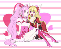 Rule 34 | 2girls, bad id, bad pixiv id, blonde hair, boots, choker, cosplay, costume switch, cure passion, cure passion (cosplay), cure peach, cure peach (cosplay), detached sleeves, dress, earrings, eyelashes, fresh precure!, hair ornament, happy, heart, heart hair ornament, higashi setsuna, high heel boots, high heels, jewelry, knee boots, kneehighs, long hair, looking at viewer, magical girl, momozono love, multiple girls, open mouth, pink dress, pink eyes, pink footwear, pink hair, precure, puffy sleeves, red dress, sasamaru chimaki, sitting, smile, socks, twintails, white choker, white legwear, wrist cuffs