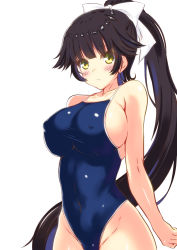 Rule 34 | 1girl, azur lane, black hair, blue one-piece swimsuit, bow, breasts, collarbone, competition school swimsuit, competition swimsuit, covered erect nipples, cowboy shot, female focus, groin, hair bow, hair flaps, highleg, highleg swimsuit, kuro neko (38-21), large breasts, long hair, looking at viewer, one-piece swimsuit, ponytail, school swimsuit, simple background, solo, standing, swimsuit, takao (azur lane), white background, white bow