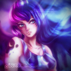 Rule 34 | 1girl, axsen, blue dress, blue eyes, blue hair, blurry, breasts, cleavage, collarbone, dress, lips, long hair, luna (my little pony), my little pony, my little pony: friendship is magic, parted lips, personification, solo, tattoo, tiara, upper body, watermark, web address