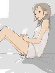 Rule 34 | 1girl, bad drawr id, bad id, bare legs, black eyes, breasts, brown hair, camisole, character request, copyright request, cup, food, grey hair, holding, holding cup, knees up, kokudou juunigou, long hair, mouth hold, mug, oekaki, pocky, shorts, sitting, sketch, small breasts, solo, steam, white camisole
