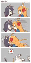 Rule 34 | 3girls, 4koma, ^^^, ahoge, animal ear fluff, animal ears, black hair, blue shirt, blush, cat ears, cat girl, cat tail, closed eyes, comic, commentary request, flower, food, glomp, green eyes, hair flower, hair ornament, heart, hug, karyl (princess connect!), kiss, kokkoro (princess connect!), long hair, looking at another, mauve, multiple girls, neckerchief, notice lines, orange hair, pecorine (princess connect!), pocky, pocky day, pointy ears, princess connect!, red neckerchief, shirt, short hair, silent comic, silver hair, spoken heart, swept bangs, tail, white shirt