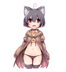 Rule 34 | 1girl, ahoge, animal ear fluff, animal ears, bell, black hair, black panties, black thighhighs, brown coat, cat ears, character request, choker, coat, fang, highres, jingle bell, navel, no pants, open clothes, open coat, open mouth, original, panties, red eyes, short hair, side-tie panties, simple background, sleeves past wrists, smile, solo, tamase tama, thigh gap, thighhighs, underwear, virtual youtuber, white background