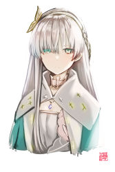 Rule 34 | 1girl, anastasia (fate), aqua cape, bow, breasts, cape, choker, cropped torso, fate/grand order, fate (series), frown, goemon1110, green eyes, hair between eyes, hair bow, hair ornament, highres, long hair, looking at viewer, silver hair, simple background, small breasts, solo, upper body, white background, white bow