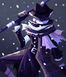 Rule 34 | 1boy, absurdres, bandage on face, bandages, belt, belt buckle, black coat, black gloves, black pants, buckle, buttons, coat, commentary, disembodied hand, gloves, goggles, gradient background, hat, highres, holding, holding scythe, identity v, ithaqua (identity v), ithaqua (invisible man) (identity v), male focus, pants, patterned clothing, scarf, scythe, sleeve cuffs, snow on body, snow on head, snowing, solo, standing, symbol-only commentary, zed (enervatedclown)