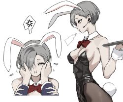 Rule 34 | 1girl, animal ears, black leotard, bow, bowtie, character request, copyright request, covered navel, detached collar, fake animal ears, fake tail, grey hair, highres, leotard, oh (aung ae), pantyhose, playboy bunny, pov, pov hands, rabbit ears, rabbit tail, short hair, strapless, strapless leotard, tail, traditional bowtie, wrist cuffs, yellow eyes