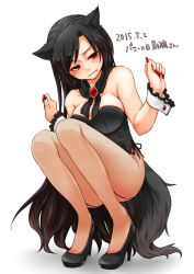 Rule 34 | 1girl, animal ears, bare shoulders, blush, breasts, brooch, brown hair, fang, fang out, fangs, female focus, fingernails, fishnet pantyhose, fishnets, high heels, imaizumi kagerou, jewelry, large breasts, leotard, long hair, looking at viewer, monrooru, nontraditional playboy bunny, pantyhose, playboy bunny, red eyes, simple background, solo, squatting, tail, touhou, unmoving pattern, very long hair, wolf ears, wolf tail, wrist cuffs