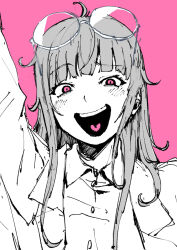 Rule 34 | 1girl, ahoge, arched bangs, arm up, blush, buttons, character request, commentary request, curly hair, dress shirt, eyewear on head, greyscale, hal-bard, heart, heart in mouth, highres, lab coat, long sleeves, looking at viewer, monochrome, open mouth, pink background, pink eyes, portrait, round eyewear, shirt, simple background, smile, solo, spot color, straight-on, teeth, unmei no makimodoshi, upper teeth only