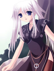 Rule 34 | 1girl, :d, against tree, arm support, belt, blue eyes, brown thighhighs, china dress, chinese clothes, dress, floral print, forest, gradient background, hair between eyes, hair over breasts, jewelry, leaning forward, looking at viewer, mabinogi, nao (mabinogi), nature, necklace, open mouth, outdoors, parted bangs, rock, side slit, sidelocks, sky, smile, solo, standing, thighhighs, tree, twintails, white hair