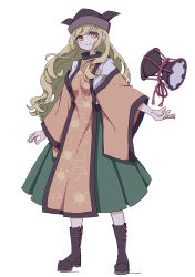 Rule 34 | 1girl, absurdres, black footwear, black hat, blonde hair, blush stickers, boots, closed mouth, constellation print, drum, full body, green skirt, hat, highres, instrument, kame (kamepan44231), knee boots, long hair, matara okina, one-hour drawing challenge, orange sleeves, pleated skirt, simple background, skirt, smile, solo, tabard, touhou, tsuzumi, white background, wide sleeves, yellow eyes