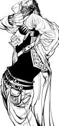 Rule 34 | 1boy, absurdres, arms up, coat, covering face, greyscale, hat, highres, impossible clothes, jojo no kimyou na bouken, kuujou joutarou, long coat, long sleeves, male focus, monochrome, my nameisyoon, pants, shirt, short hair, simple background, solo, stone ocean