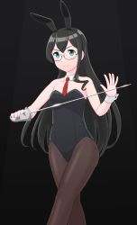 Rule 34 | 1girl, animal ears, black background, black hair, black leotard, black pantyhose, breasts, commentary request, cowboy shot, detached collar, epee, fake animal ears, geometrie, glasses, green eyes, highres, kantai collection, leotard, long hair, necktie, ooyodo (kancolle), pantyhose, playboy bunny, rabbit ears, red necktie, semi-rimless eyewear, small breasts, solo, spotlight, standing, strapless, strapless leotard, under-rim eyewear, wrist cuffs