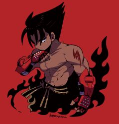 Rule 34 | 1boy, abs, black eyes, black hair, black pants, blending, closed mouth, gloves, highres, kazama jin, kotorai, male focus, navel, pants, pectorals, red background, red gloves, shoulder tattoo, signature, solo, studded gloves, tattoo, tekken, toned, toned male, topless male, wiping face