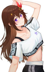 Rule 34 | 1girl, absurdres, arm up, blue eyes, blush, brown hair, collarbone, commentary, crop top, diamond hair ornament, hair flaps, hair ornament, hairclip, highres, hololive, hololive dance practice uniform, long hair, looking at viewer, midriff, purple eyes, sakana1214, short sleeves, shorts, simple background, solo, star (symbol), star hair ornament, tank top, tokino sora, virtual youtuber, white background