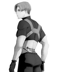 Rule 34 | 1boy, absurdres, back tattoo, commentary, crop top, from behind, gloves, greyscale, heart, heart tattoo, highleg, highleg panties, highres, leon s. kennedy, male focus, monochrome, muscular, muscular male, panties, profile, resident evil, resident evil 4, resident evil 4 (remake), solo, tattoo, tramp stamp, underwear, xyanaid