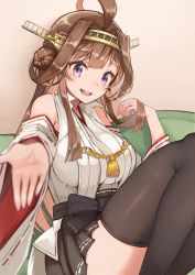Rule 34 | 1girl, :d, ahoge, black skirt, black thighhighs, brown hair, couch, detached sleeves, double bun, hair bun, hakama, hakama short skirt, hakama skirt, headgear, impossible clothes, japanese clothes, jewelry, kantai collection, kongou (kancolle), kongou kai ni (kancolle), long hair, looking at viewer, on couch, open mouth, outstretched arms, pleated skirt, purple eyes, ring, sitting, skirt, smile, solo, thighhighs, wedding band, wide sleeves, yuzuruka (bougainvillea)