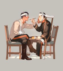 Rule 34 | 2boys, amputee, arm sling, bandaged arm, bandaged head, bandaged leg, bandages, black jacket, black pants, boots, brown hair, brown jacket, chair, chengongzi123, closed mouth, crossed legs, crutch, curry, curry rice, dark-skinned male, dark skin, facial hair, facing another, feeding, food, full body, gauze over eye, goatee stubble, golden kamuy, grey background, grey eyes, hand on another&#039;s face, hand up, highres, holding, holding food, holding spoon, jacket, koito otonoshin, light smile, long sleeves, looking at another, male focus, military uniform, missing limb, multiple boys, open mouth, pants, rice, short hair, simple background, sitting, spoon, stubble, tsukishima hajime, uniform, very short hair, yaoi