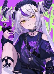 Rule 34 | 1girl, baggy clothes, black nails, chain, chain necklace, choker, clothing cutout, demon horns, frilled hairband, frills, grey hair, hair between eyes, hairband, holding, holding phone, hololive, horns, jewelry, la+ darknesss, long hair, looking at viewer, multicolored hair, nail polish, necklace, o-ring, o-ring choker, phone, pointy ears, purple hair, shoulder cutout, shugao, simple background, sitting, solo, streaked hair, very long hair, virtual youtuber, yellow eyes