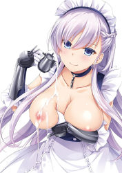 Rule 34 | 1girl, apron, azur lane, belfast (azur lane), blue eyes, breasts, breasts out, closed mouth, collarbone, commentary request, frilled apron, frills, gloves, grabbing own breast, hand up, holding, large breasts, long hair, looking at viewer, maid, maid headdress, milk, nakajima yuka, nipples, no bra, pouring, pouring onto self, see-through, shiny skin, simple background, smile, solo, turret, very long hair, white apron, white background, white gloves, white hair