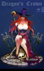 Rule 34 | 1girl, bare shoulders, breasts, cleavage, dragon&#039;s crown, dress, hat, highres, large breasts, lino chang, long hair, looking at viewer, one eye closed, red hair, sitting, skeleton, smile, solo, sorceress (dragon&#039;s crown), staff, strapless, strapless dress, wink, witch hat