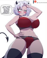Rule 34 | 1girl, alternate breast size, black horns, black tail, black thighhighs, blush, bow, bow panties, bra, breasts, commentary, cropped legs, demon girl, demon horns, demon tail, english commentary, english text, hand in own hair, hand on own hip, helltaker, highres, horns, large breasts, looking at viewer, malina (helltaker), navel, panties, patreon logo, patreon username, red bra, red eyes, red panties, redrawn, speech bubble, tail, tehhank, thick thighs, thighhighs, thighs, underwear, wavy mouth, white background, white hair