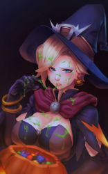 Rule 34 | 1girl, annoyed, berg-yb, blonde hair, blue eyes, blush, breasts, candy, cleavage, condom, condom wrapper, dark background, earrings, food, hat, highres, jack-o&#039;-lantern, jack-o&#039;-lantern earrings, jewelry, large breasts, mercy (overwatch), official alternate costume, overwatch, overwatch 1, pumpkin, sexually suggestive, slime (substance), solo, suggestive fluid, witch, witch hat, witch mercy