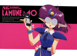 Rule 34 | 1990s (style), 1girl, arara cocoa, arm behind back, armor, bracelet, calculator, coke-bottle glasses, copyright name, crescent, crescent hair ornament, earrings, freckles, glasses, hair ornament, holding, jewelry, ng knight lamune &amp; 40, non-web source, official art, open mouth, pauldrons, pointy ears, purple hair, retro artstyle, round eyewear, shoulder armor, sleeveless, solo