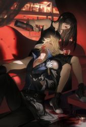 Rule 34 | 1boy, 1girl, alcohol, apron, armor, bare shoulders, black gloves, black hair, black shorts, blonde hair, blue eyes, blurry, blurry background, bottle, breasts, cloud strife, couch, couple, cup, drinking glass, duoj ji, earrings, final fantasy, final fantasy vii, final fantasy vii advent children, gloves, head back, high collar, highres, jewelry, large breasts, long hair, looking at another, open collar, pouring onto another, red eyes, ring, shorts, shoulder armor, single sleeve, sitting, sleeveless, spiked hair, square enix, tifa lockhart, waist apron, wine, wine bottle