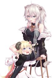 Rule 34 | 2girls, ahoge, animal ear fluff, animal ears, bag, black nails, black shirt, black skirt, blonde hair, blue eyes, blush, breasts, cleavage, crying, crying with eyes open, dress, ear piercing, fur-trimmed jacket, fur trim, grey eyes, hair between eyes, hair ornament, hairclip, handbag, highres, hololive, horns, jacket, jewelry, leg lock, lion ears, lion girl, lion tail, long hair, medium hair, midriff, miniskirt, multiple girls, nail polish, necklace, off shoulder, open clothes, open jacket, piercing, scissorhold, see-through, see-through cleavage, sheep ears, sheep girl, sheep horns, shirt, shishiro botan, shishiro botan (1st costume), silver hair, simple background, skirt, strangling, tail, tears, tian nya, tongue, tongue out, tsunomaki watame, tsunomaki watame (1st costume), virtual youtuber, white background, white dress