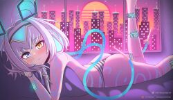 Rule 34 | 1girl, ahoge, android, animal ears, ass, bare shoulders, bed, blue eyes, blue hair, blush, building, circuit board, cityscape, fake animal ears, foot out of frame, hair between eyes, hair ornament, heterochromia, highres, indie virtual youtuber, looking at viewer, lying, mizmillificent, on stomach, panties, sayu sincronisity, short hair, simple background, sky, skyscraper, smile, solo, star (sky), starry sky, striped clothes, striped panties, sun, sunset, tattoo, thighs, topless, tube, underwear, vaporwave, virtual youtuber, visor cap, window, yellow eyes