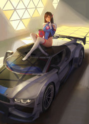 Rule 34 | 1girl, adapted costume, animal print, blue leotard, boots, breasts, brown eyes, brown hair, car, chips (food), d.va (overwatch), day, detached sleeves, eating, elbow gloves, facepaint, facial mark, food, gloves, hair ornament, hairclip, hand up, headphones, highleg, highleg leotard, highres, holding, indoors, leotard, li moly, long hair, looking at viewer, medium breasts, motor vehicle, nose, on vehicle, overwatch, overwatch 1, potato chips, rabbit print, race queen, race vehicle, racecar, sitting, smile, snack, solo, swept bangs, thigh boots, thighhighs, turtleneck, vehicle, vehicle focus, whisker markings, white footwear, white gloves, window