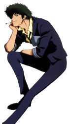 Rule 34 | 1990s (style), 1boy, brown hair, cigarette, cowboy bebop, formal, green hair, head rest, highres, male focus, necktie, official art, retro artstyle, shirt, sitting, smoking, solo, spike spiegel, suit, textless version, transparent background, white background, yellow shirt