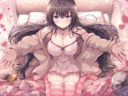 Rule 34 | 1girl, bed, bed sheet, black hair, blush, breasts, curtains, indoors, large breasts, lingerie, long hair, looking at viewer, naoyama masaru, negligee, on bed, original, pillow, purple eyes, sitting, striped clothes, striped thighhighs, thighhighs, underwear