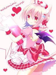 Rule 34 | 1girl, animal ears, ass, bandaged leg, bandages, bow, brown background, cardiogram, cat ears, cat girl, cat tail, commentary request, demon wings, english text, frilled skirt, frills, gloves, hair bow, hat, heart, highres, holding, holding syringe, large syringe, light brown hair, nurse, nurse cap, original, oversized object, pink shirt, puffy short sleeves, puffy sleeves, purple wings, red bow, red skirt, romaji text, shikito (yawa0w0), shirt, short sleeves, simple background, skirt, solo, syringe, tail, white gloves, white hat, wings