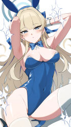 Rule 34 | 1girl, :o, absurdres, animal ears, armpits, arms behind head, blonde hair, blue archive, blue bow, blue bowtie, blue eyes, blue leotard, blunt bangs, bow, bowtie, breasts, cleavage, commentary request, covered navel, detached collar, fake animal ears, halo, highres, leotard, long hair, looking at viewer, medium breasts, official alternate costume, playboy bunny, rabbit ears, solo, sparkle, thighhighs, toki (blue archive), toki (bunny) (blue archive), white thighhighs, za yu a