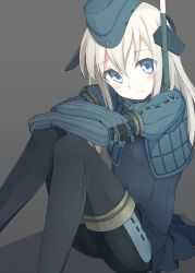 Rule 34 | 10s, 1girl, bad id, bad pixiv id, blue eyes, garrison cap, gloves, hat, kantai collection, long hair, mobu, silver hair, simple background, sitting, smile, solo, u-511 (kancolle), uniform