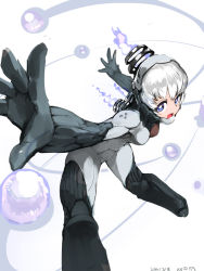Rule 34 | 10s, 1girl, 2014, ario, artist name, blue eyes, bodysuit, cameltoe, dated, helmet, leaning, leaning forward, nova (warframe), open mouth, outstretched arms, perspective, short hair, simple background, skin tight, solo, text focus, warframe, white background, white hair