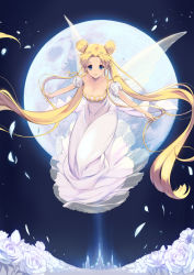 Rule 34 | 1000marie, 1girl, bare shoulders, bishoujo senshi sailor moon, blonde hair, blue eyes, breasts, cleavage, crescent, crescent facial mark, detached sleeves, double bun, dress, facial mark, flower, forehead mark, full moon, highres, long hair, looking at viewer, moon, princess serenity, rose, smile, solo, strapless, strapless dress, tsukino usagi, twintails, white dress, white flower, white rose, wings