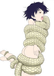 Rule 34 | 1girl, asphyxiation, ass, bare shoulders, barefoot, biting, black hair, coiled, feet, nude, open mouth, restrained, short hair, simple background, snake, squeezing, strangling, toes, tongue, tongue out, vore, white background, yoikuma